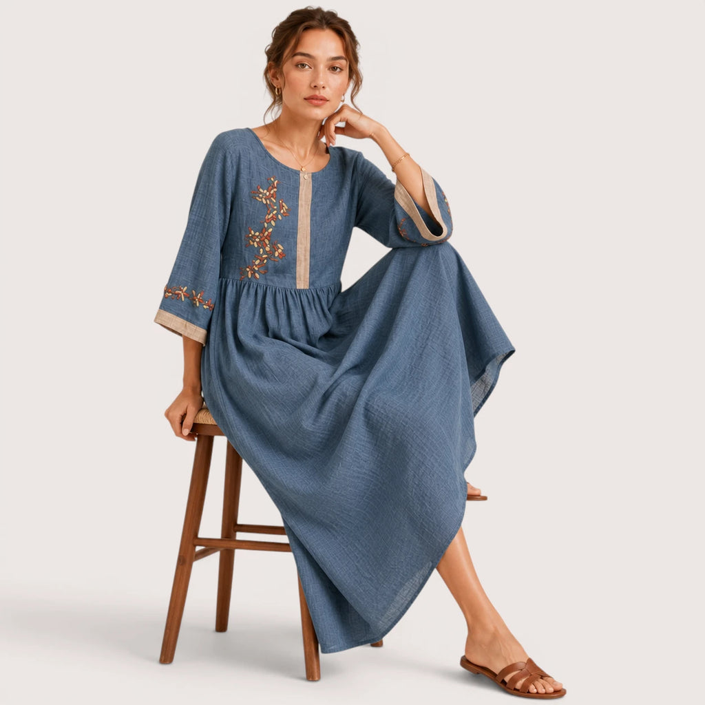 Colette | Damen Besticktes Leinen Midikleid