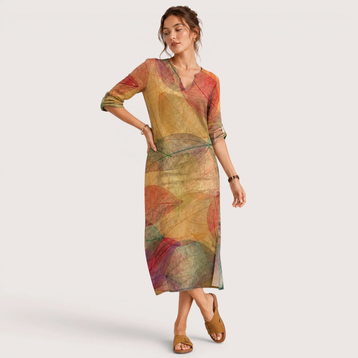 Alana | Damen Leinen Kleid Mit V-Ausschnitt Und Dreiviertelärmeln