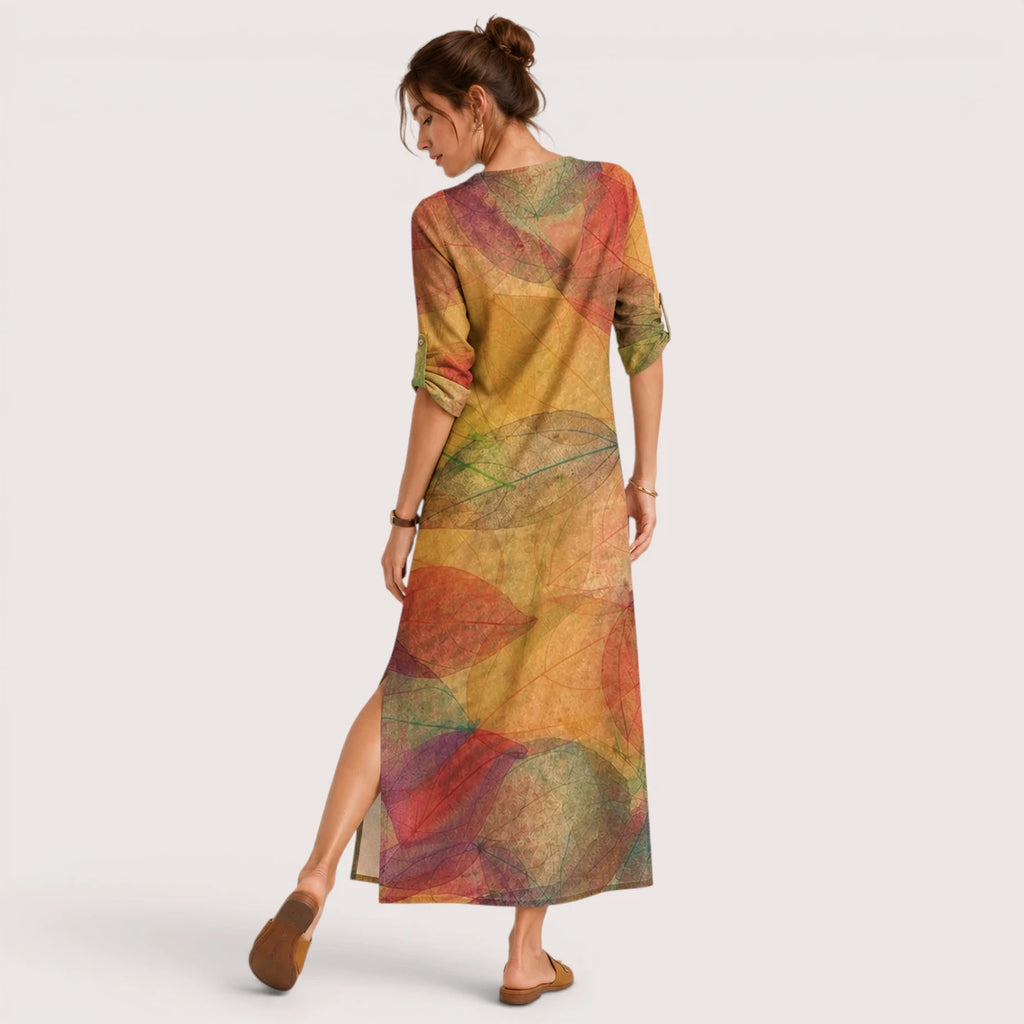 Alana | Damen Leinen Kleid Mit V-Ausschnitt Und Dreiviertelärmeln