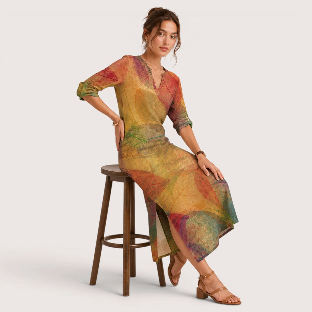 Alana | Damen Leinen Kleid Mit V-Ausschnitt Und Dreiviertelärmeln