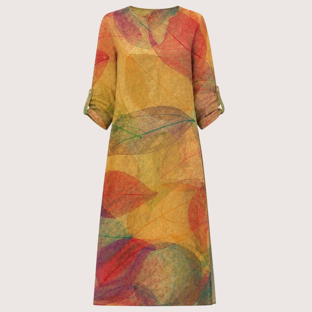 Alana | Damen Leinen Kleid Mit V-Ausschnitt Und Dreiviertelärmeln