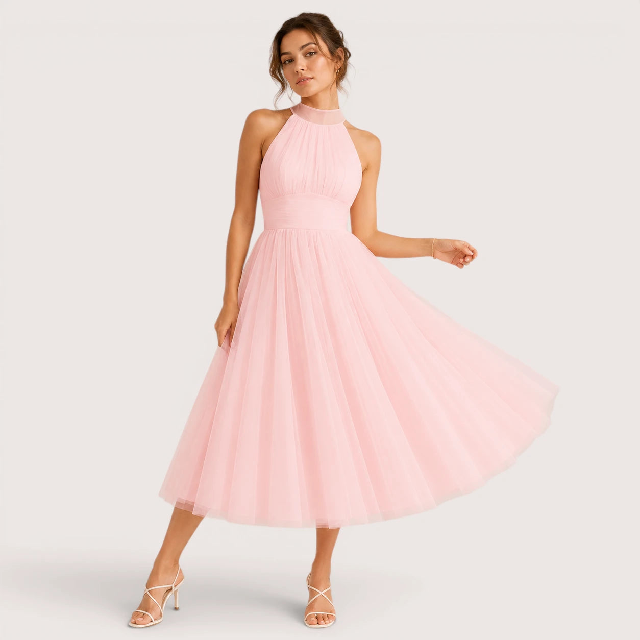 Carmen | Damen Neckholder Tüll Midikleid Mit Ausgestelltem Rock