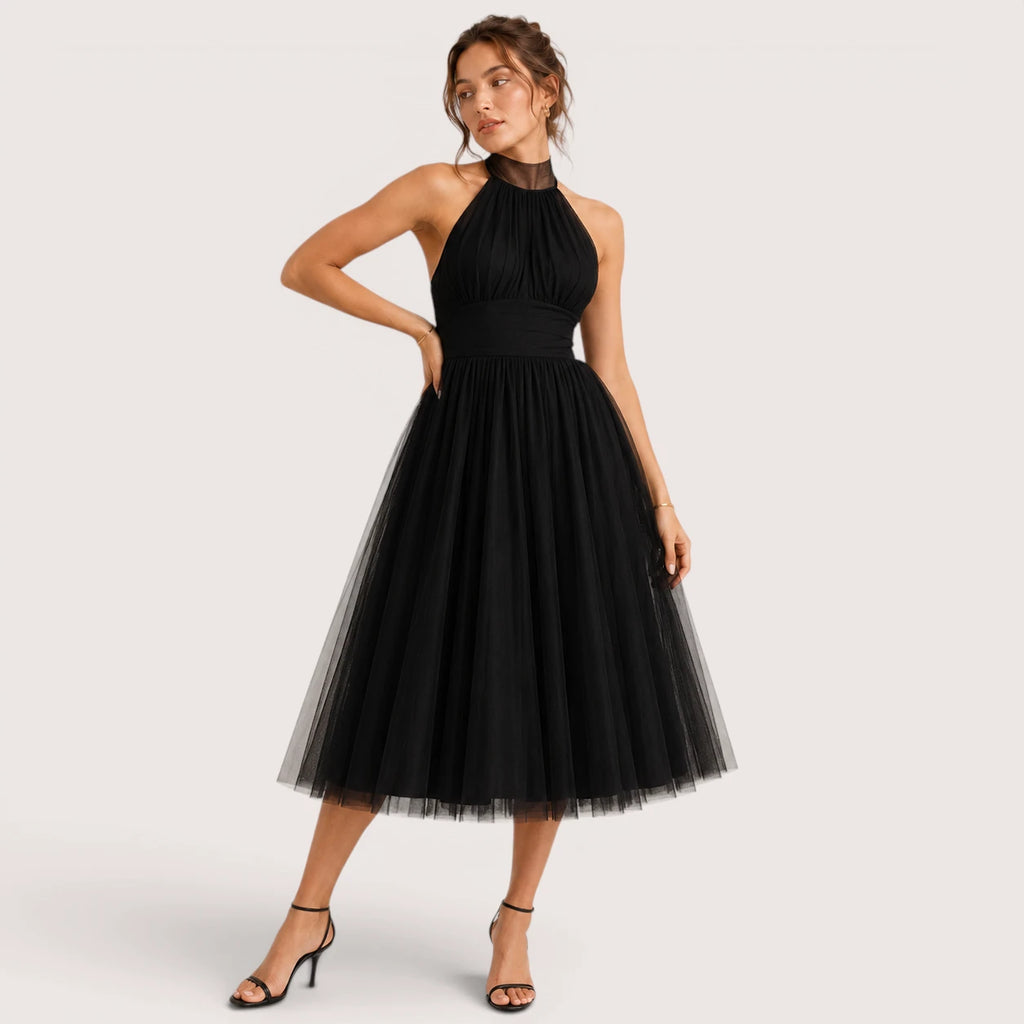 Carmen | Damen Neckholder Tüll Midikleid Mit Ausgestelltem Rock