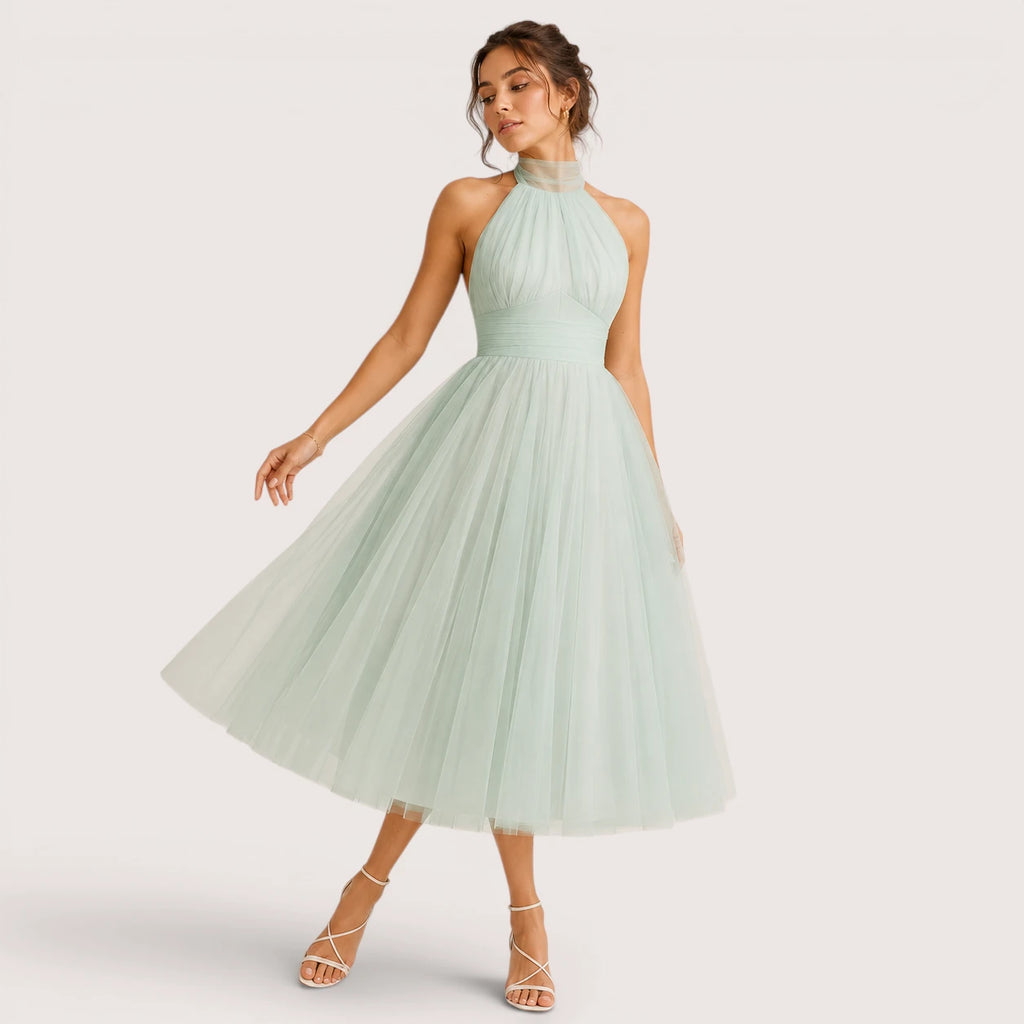 Carmen | Damen Neckholder Tüll Midikleid Mit Ausgestelltem Rock