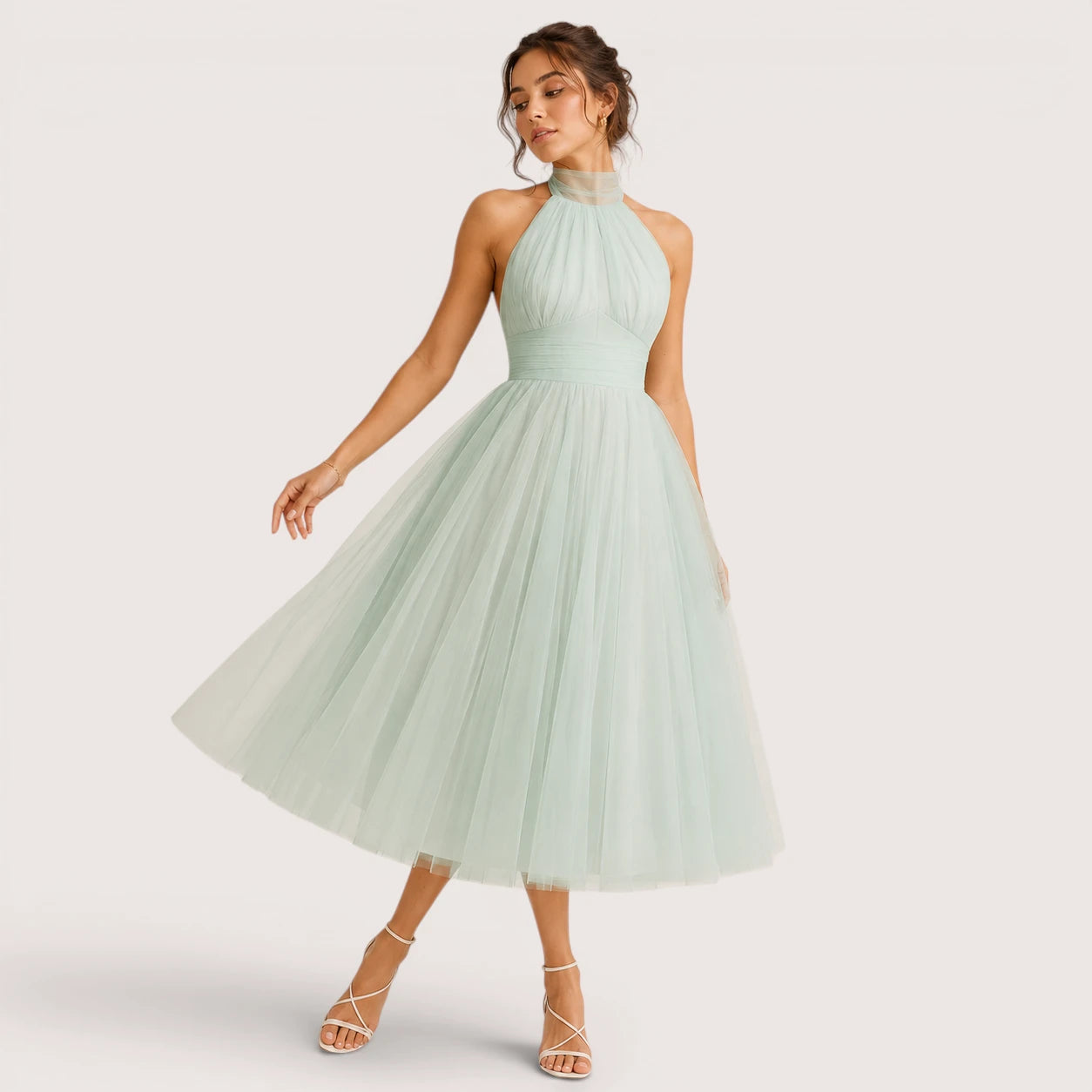 Carmen | Damen Neckholder Tüll Midikleid Mit Ausgestelltem Rock
