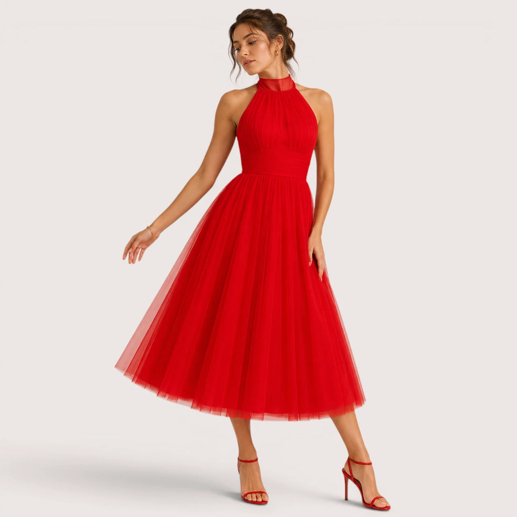 Carmen | Damen Neckholder Tüll Midikleid Mit Ausgestelltem Rock