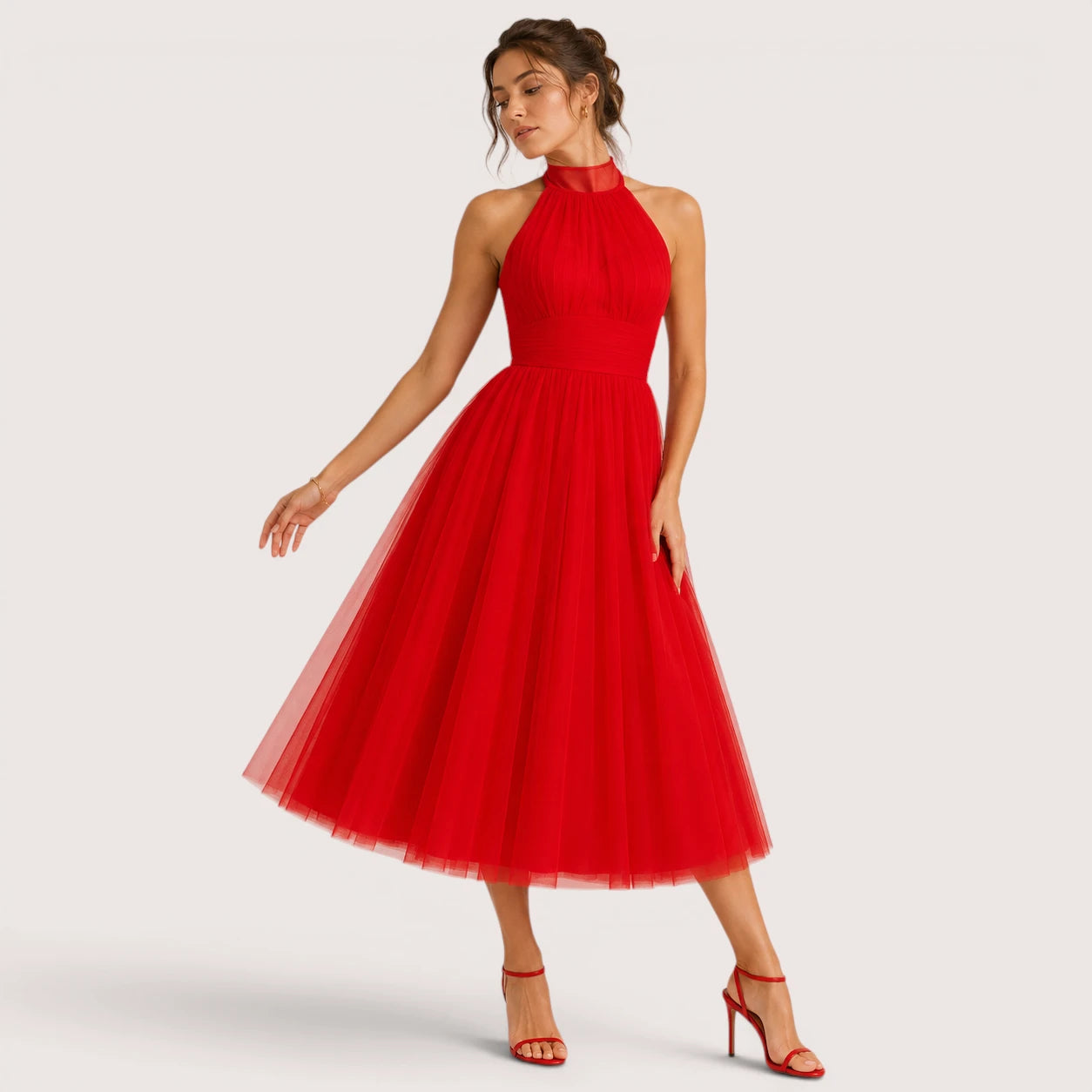 Carmen | Damen Neckholder Tüll Midikleid Mit Ausgestelltem Rock