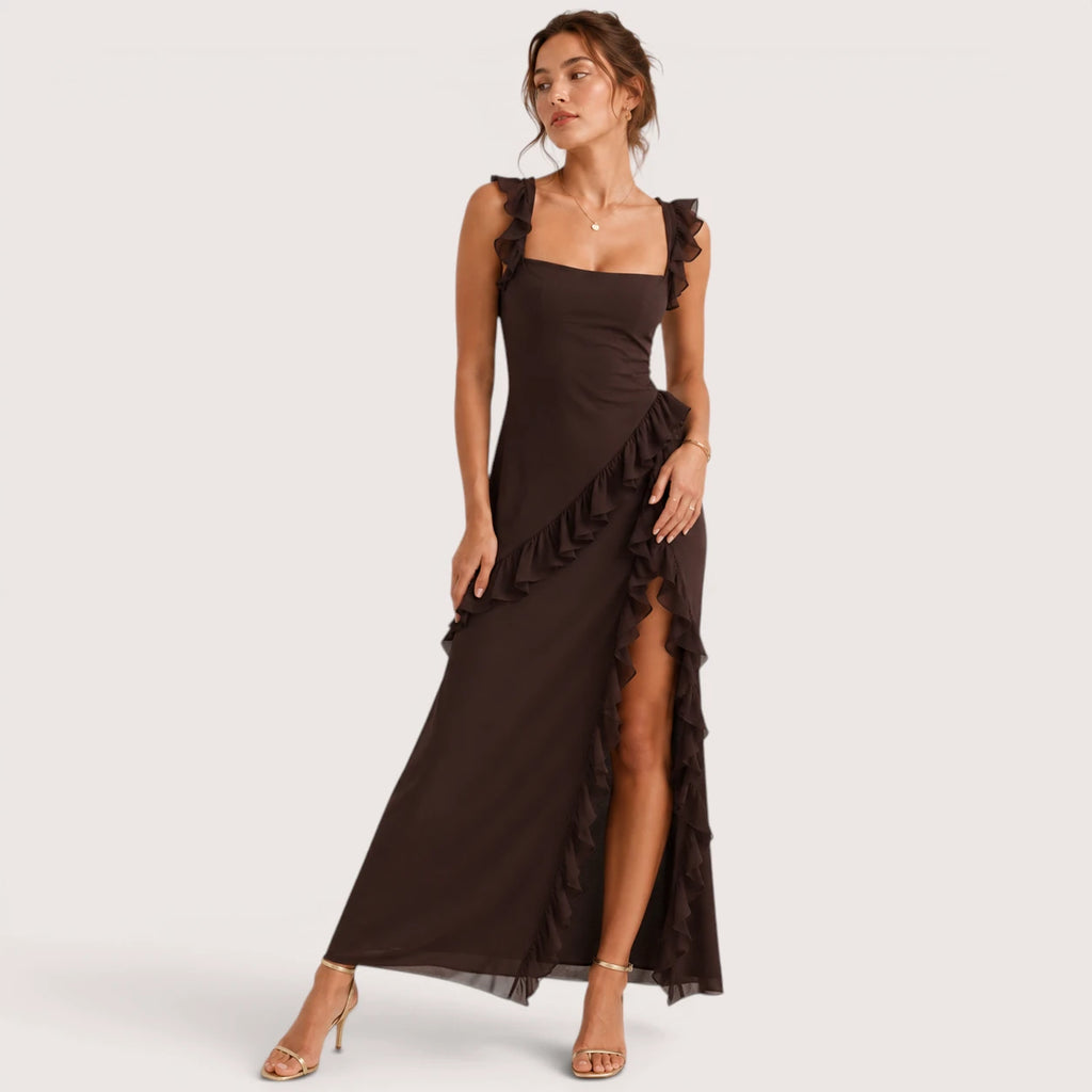 Annalisa | Damen Maxi Ballkleid Mit Rüschen Und Schlitz