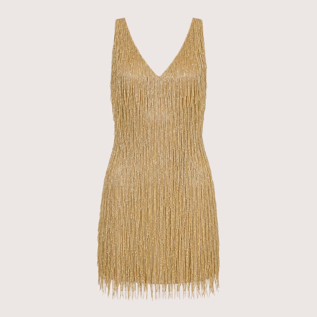 Monica | Damen Mini Partykleid Mit V-Ausschnitt Und Fransen