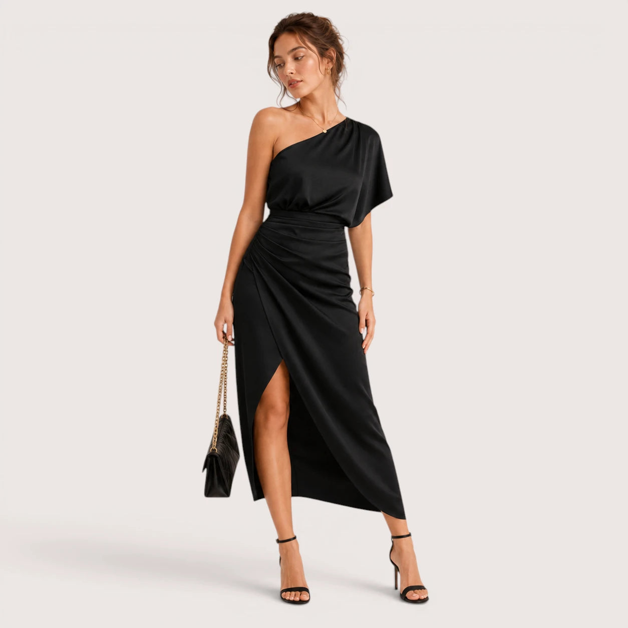 Leighton | Damen One-Shoulder Cocktail Midikleid Mit Seitenschlitz