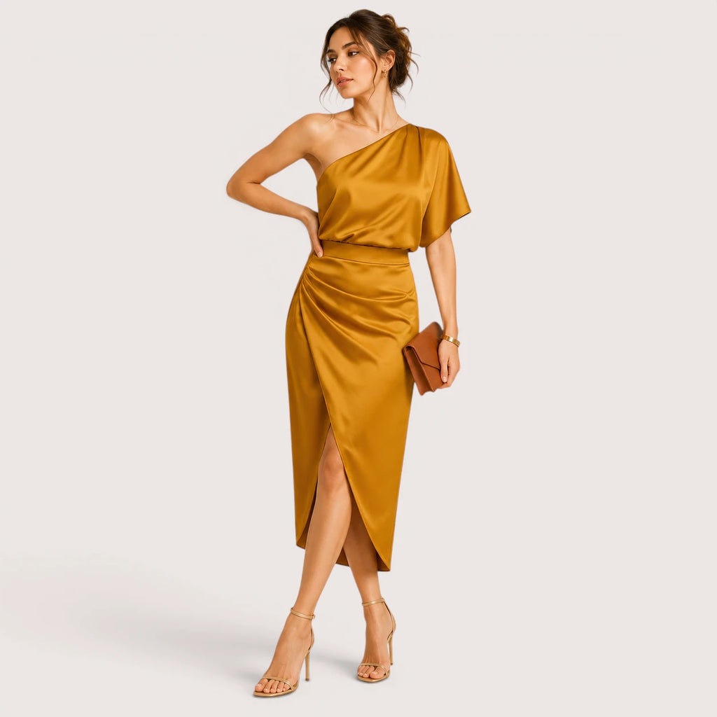 Leighton | Damen One-Shoulder Cocktail Midikleid Mit Seitenschlitz
