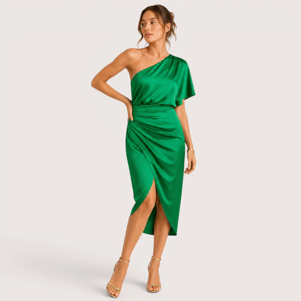 Leighton | Damen One-Shoulder Cocktail Midikleid Mit Seitenschlitz