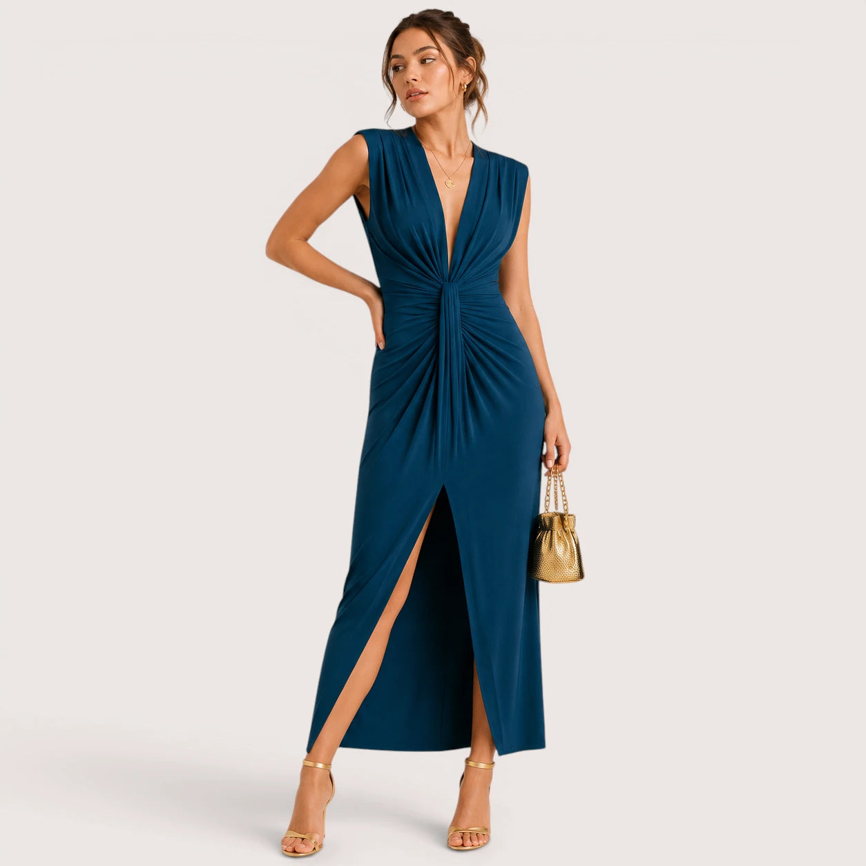 Gemma | Damen Ärmelloses Cocktail Midikleid Mit Frontschlitz