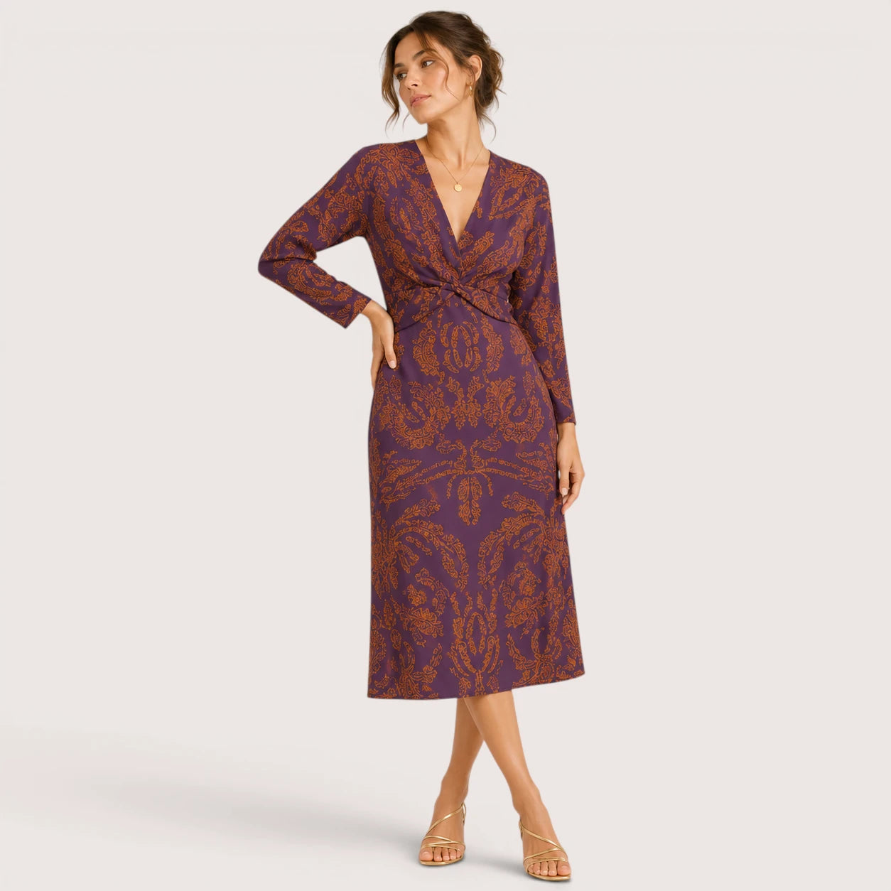 Mallory | Damen V-Ausschnitt Midikleid Mit Print