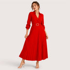 Delia | Damen Plissee Midikleid Mit Gürtel