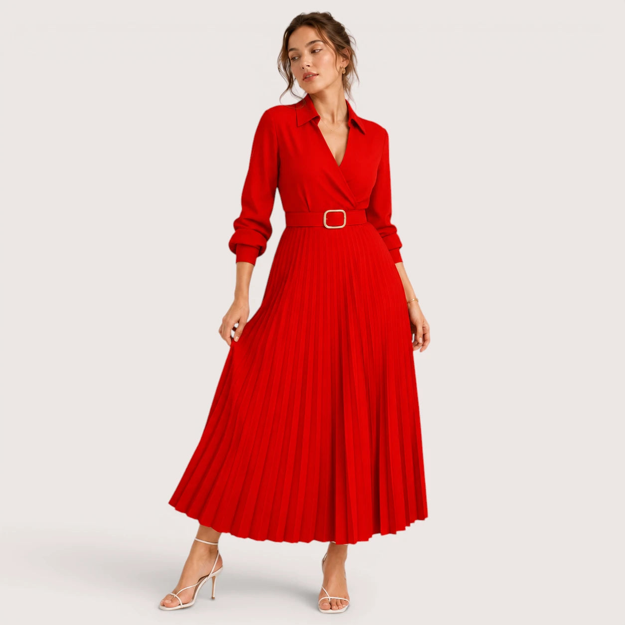 Delia | Damen Plissee Midikleid Mit Gürtel