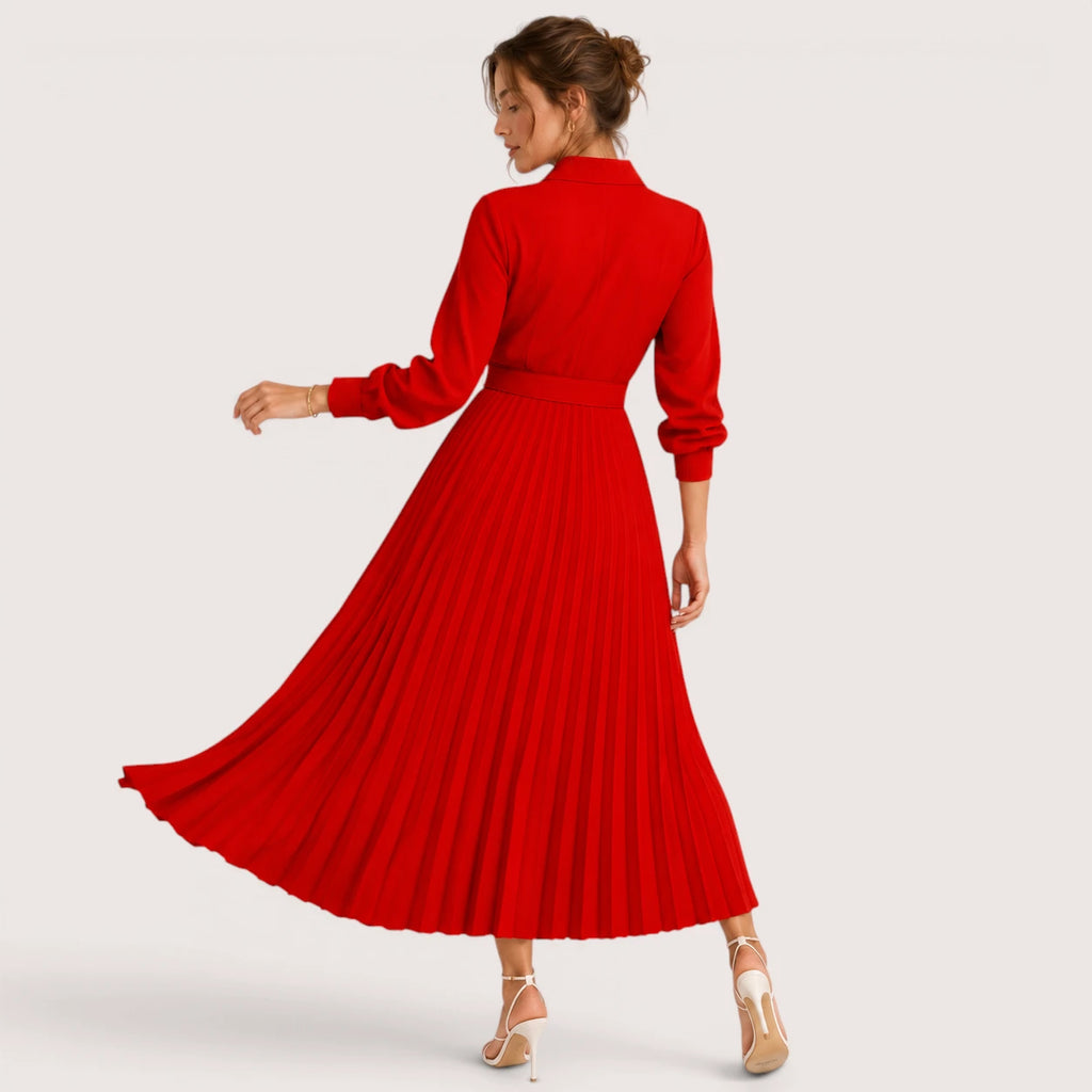 Delia | Damen Plissee Midikleid Mit Gürtel