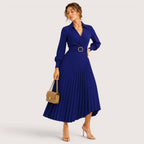 Delia | Damen Plissee Midikleid Mit Gürtel