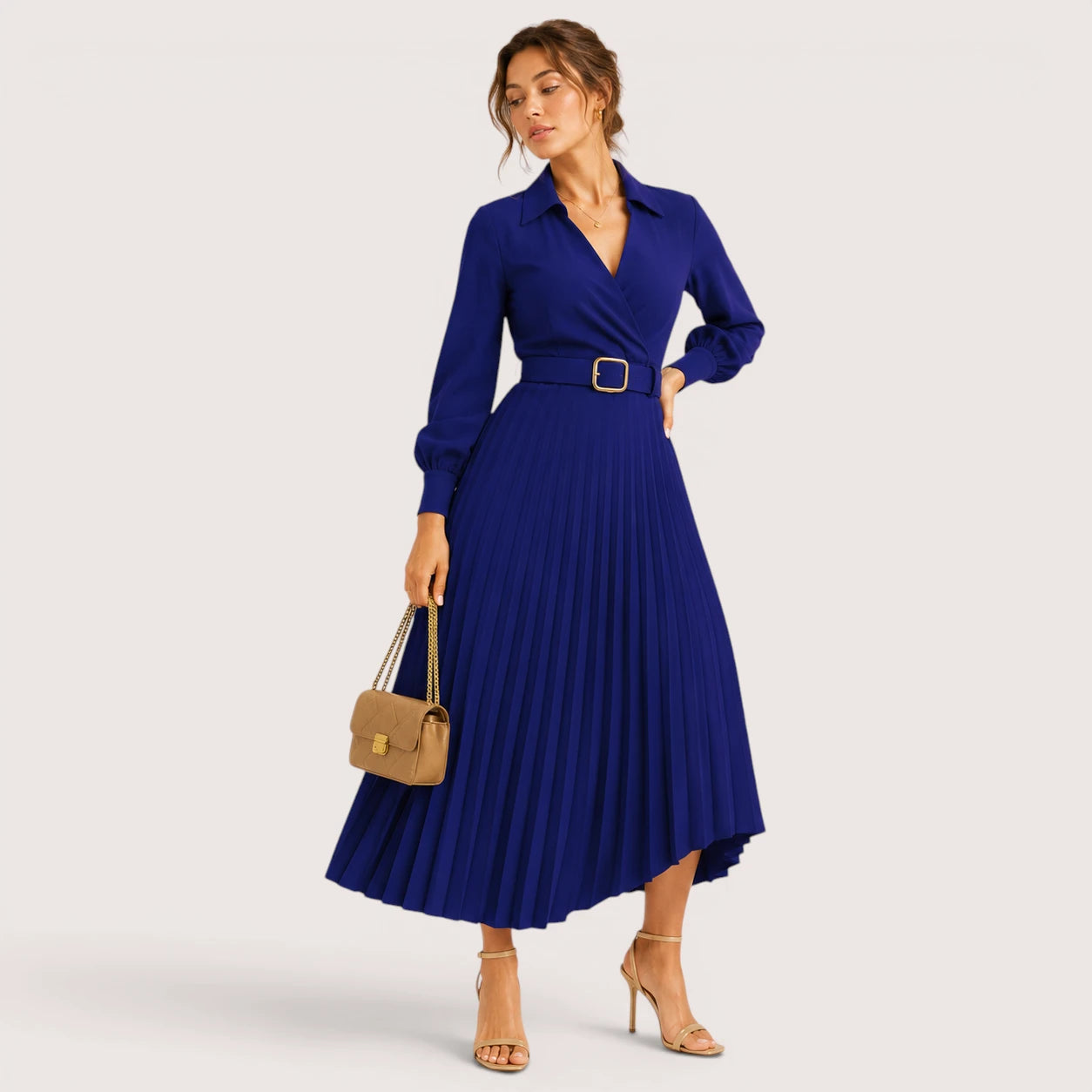 Delia | Damen Plissee Midikleid Mit Gürtel