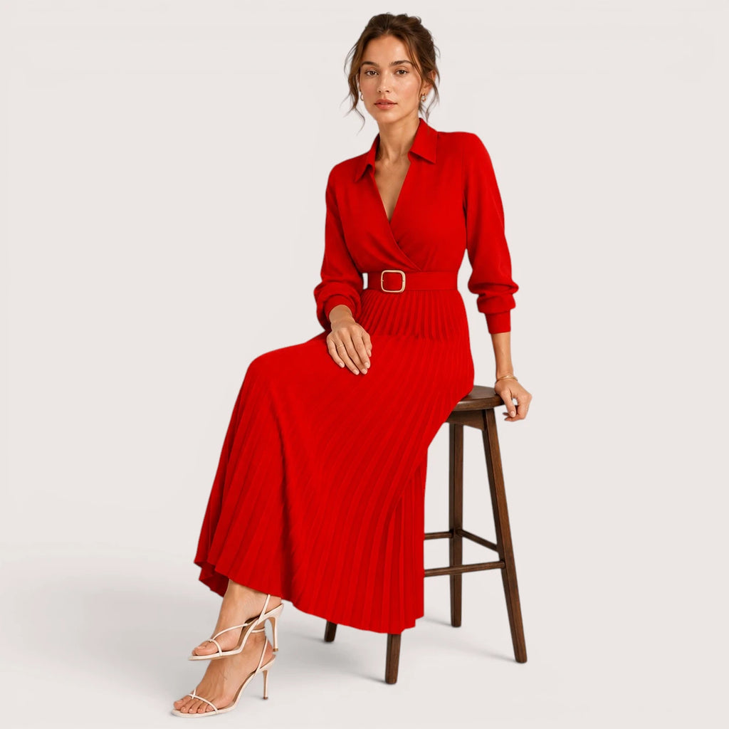 Delia | Damen Plissee Midikleid Mit Gürtel