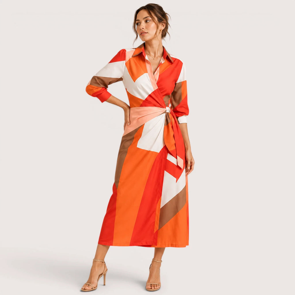 Harlow | Damen Kleid Mit Geometrischem Print Und Taillengürtel