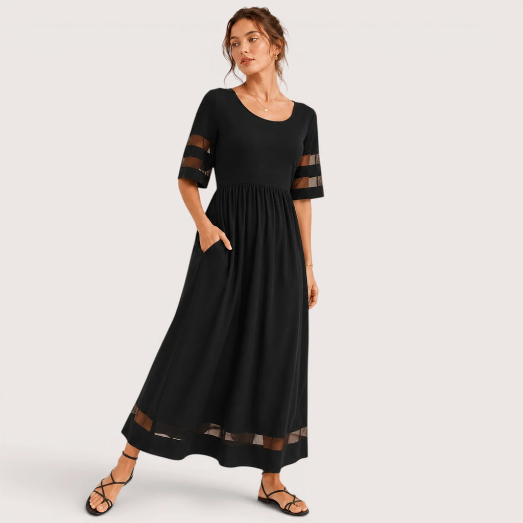 Brianna | Damen Kurzarm Maxikleid Mit Transparentem Einsatz