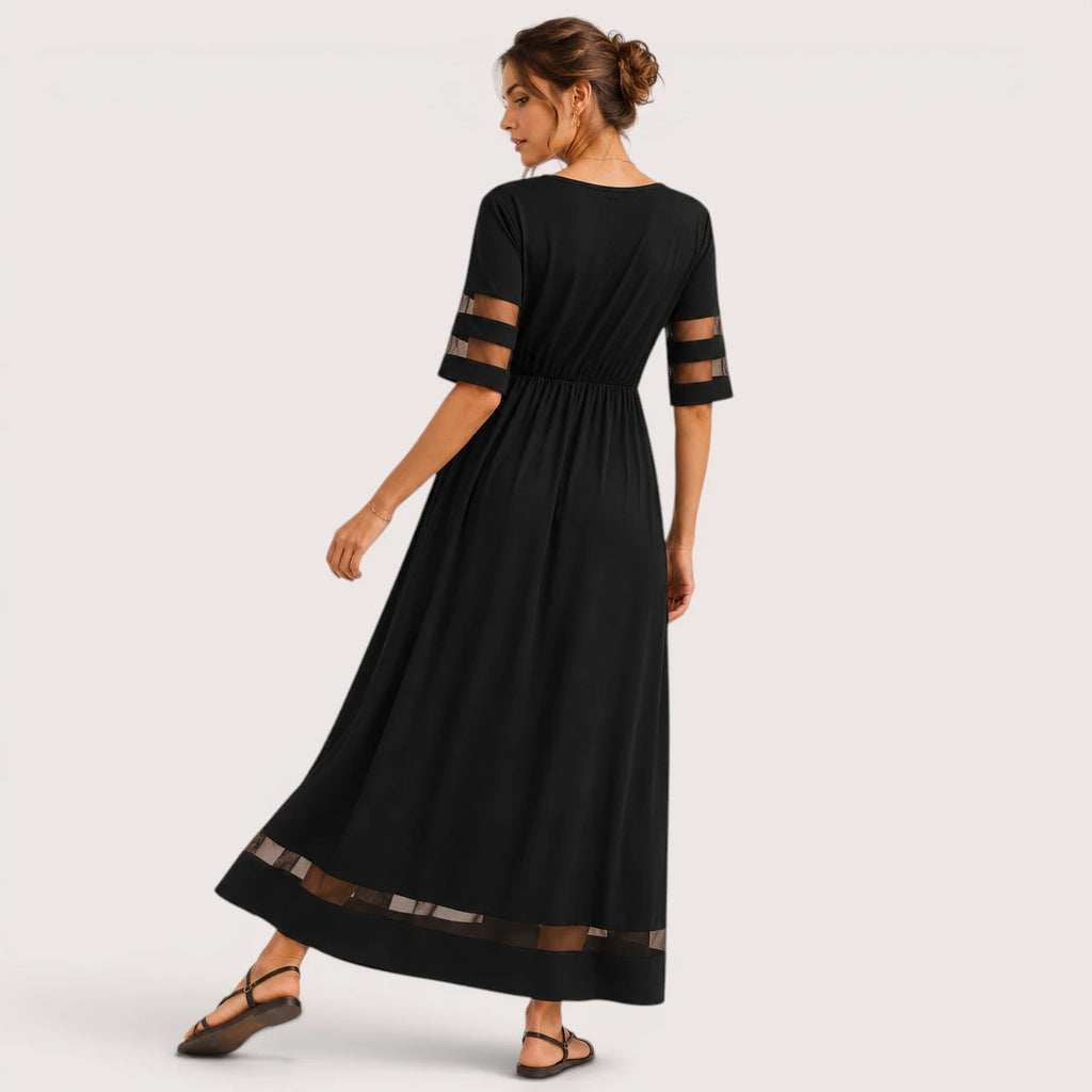 Brianna | Damen Kurzarm Maxikleid Mit Transparentem Einsatz