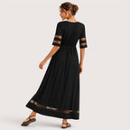 Brianna | Damen Kurzarm Maxikleid Mit Transparentem Einsatz