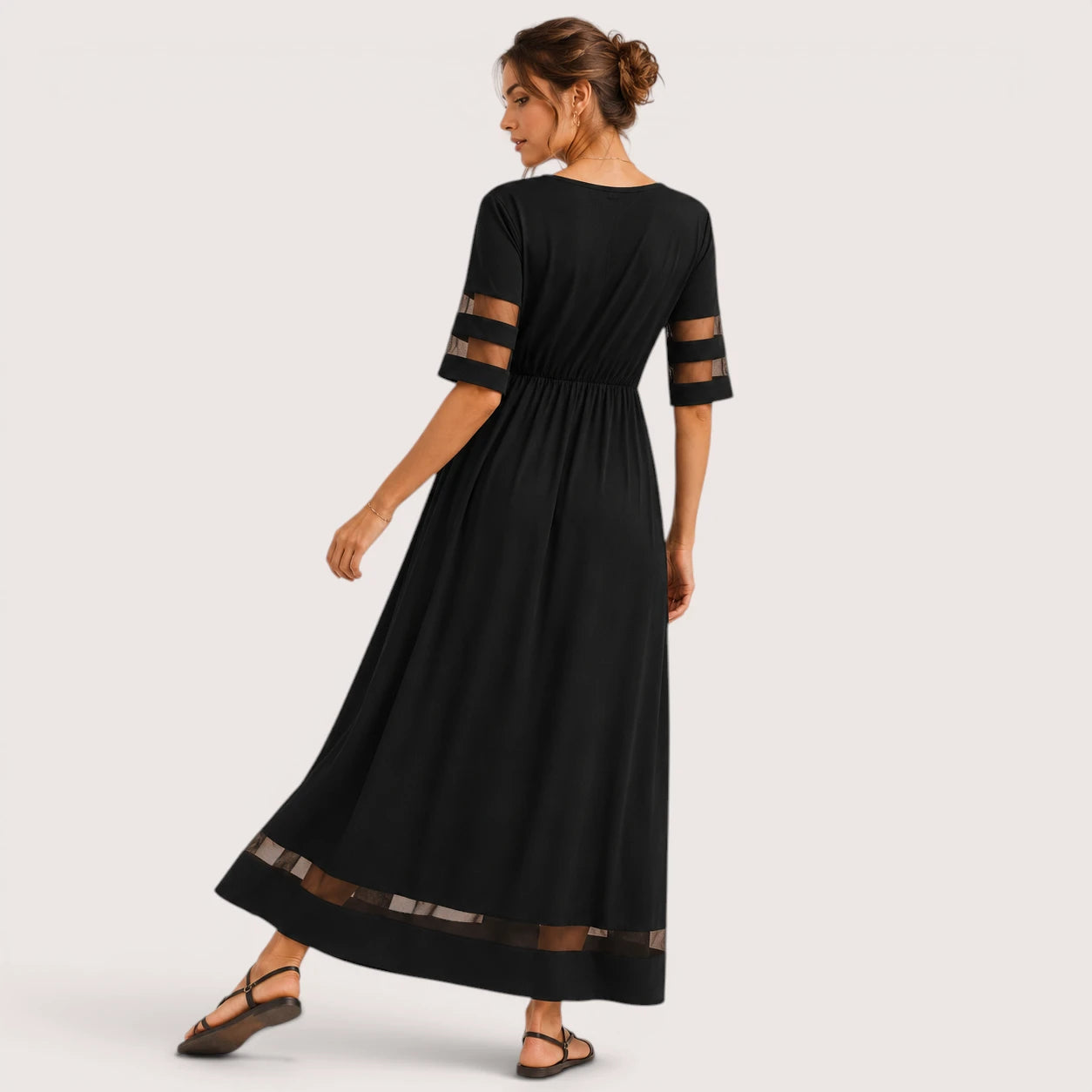 Brianna | Damen Kurzarm Maxikleid Mit Transparentem Einsatz