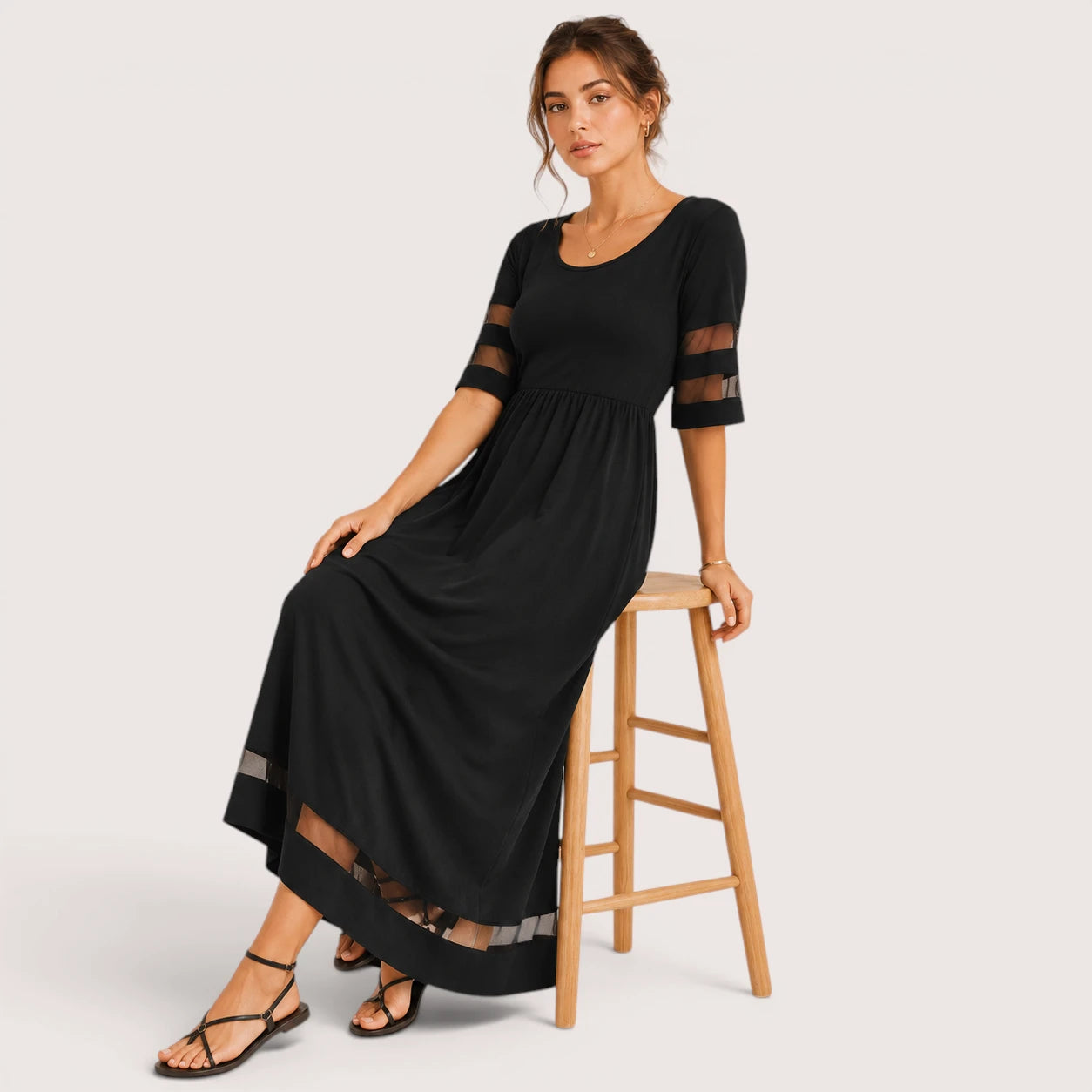 Brianna | Damen Kurzarm Maxikleid Mit Transparentem Einsatz