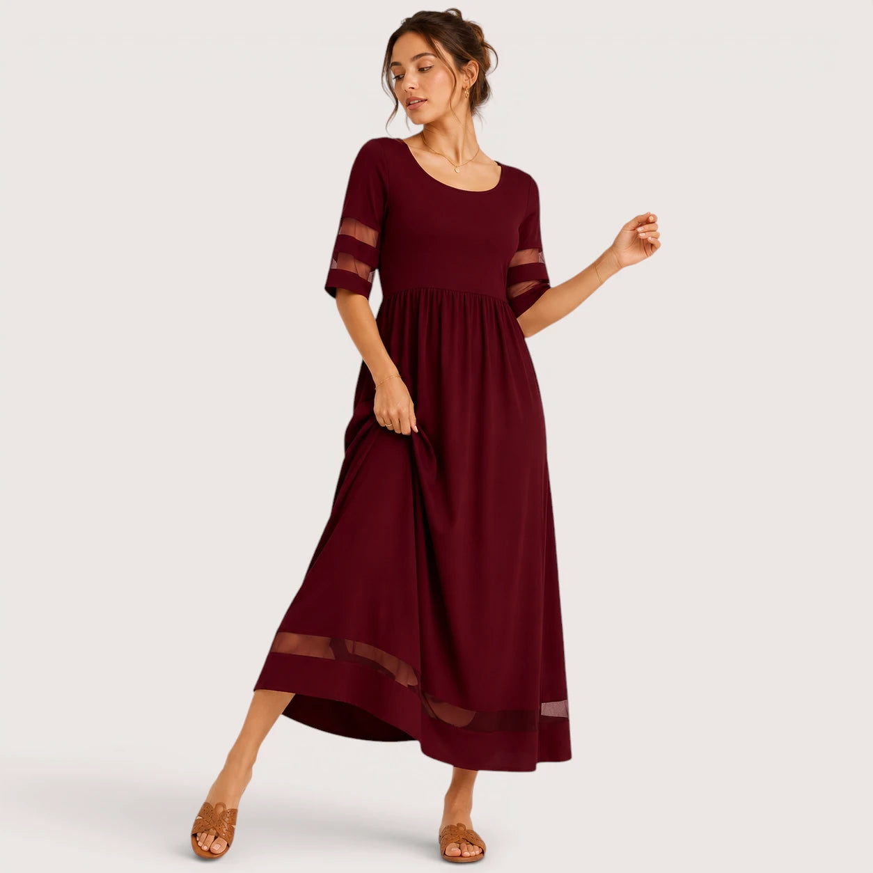 Brianna | Damen Kurzarm Maxikleid Mit Transparentem Einsatz