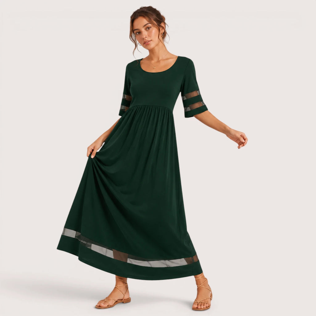 Brianna | Damen Kurzarm Maxikleid Mit Transparentem Einsatz