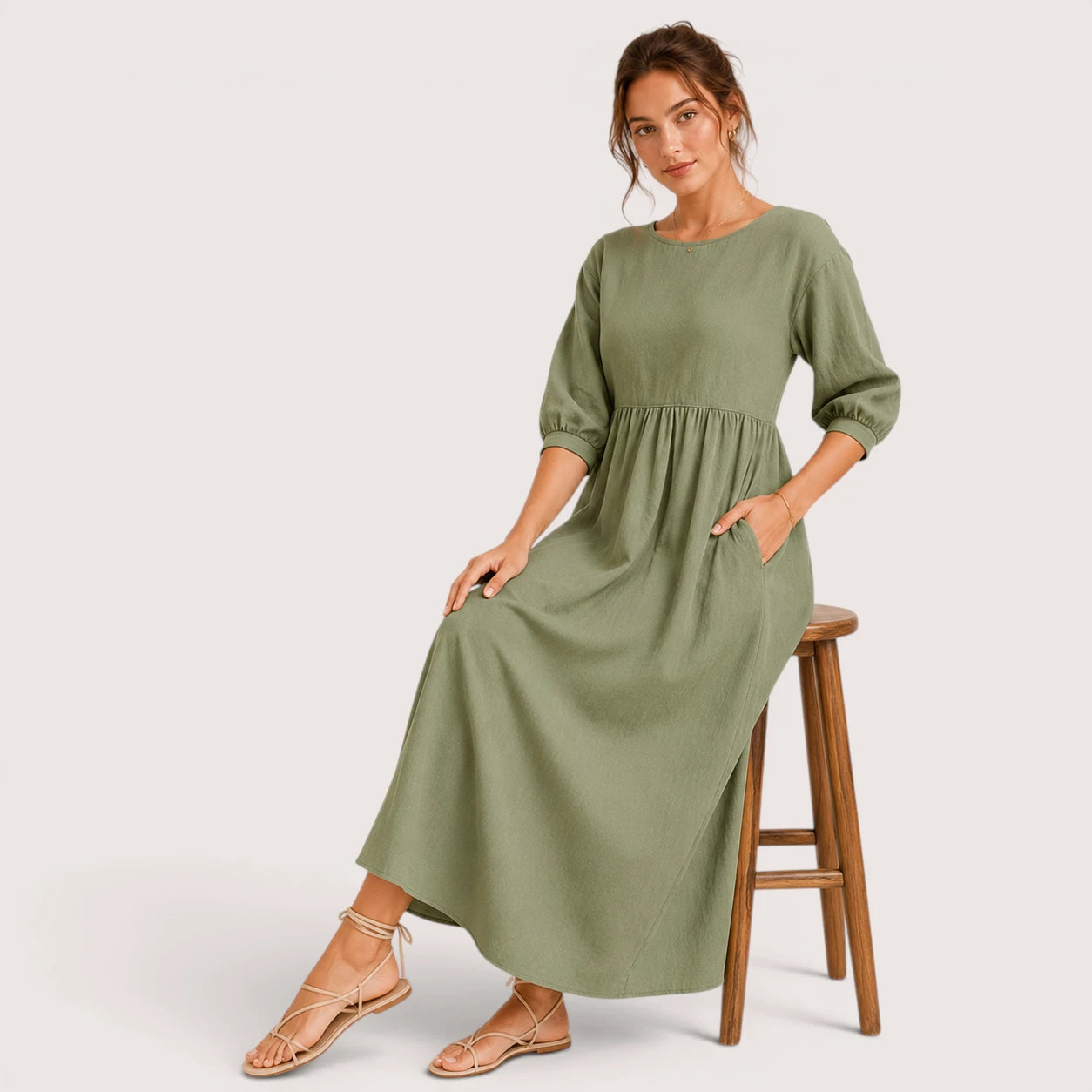 Marina | Damen Midikleid Mit Dreiviertelärmeln Und Seitentaschen
