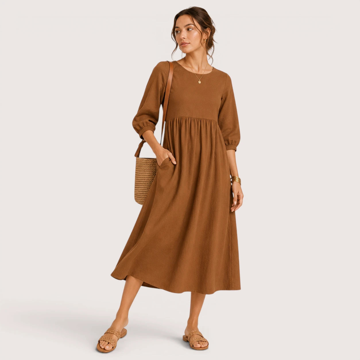 Marina | Damen Midikleid Mit Dreiviertelärmeln Und Seitentaschen