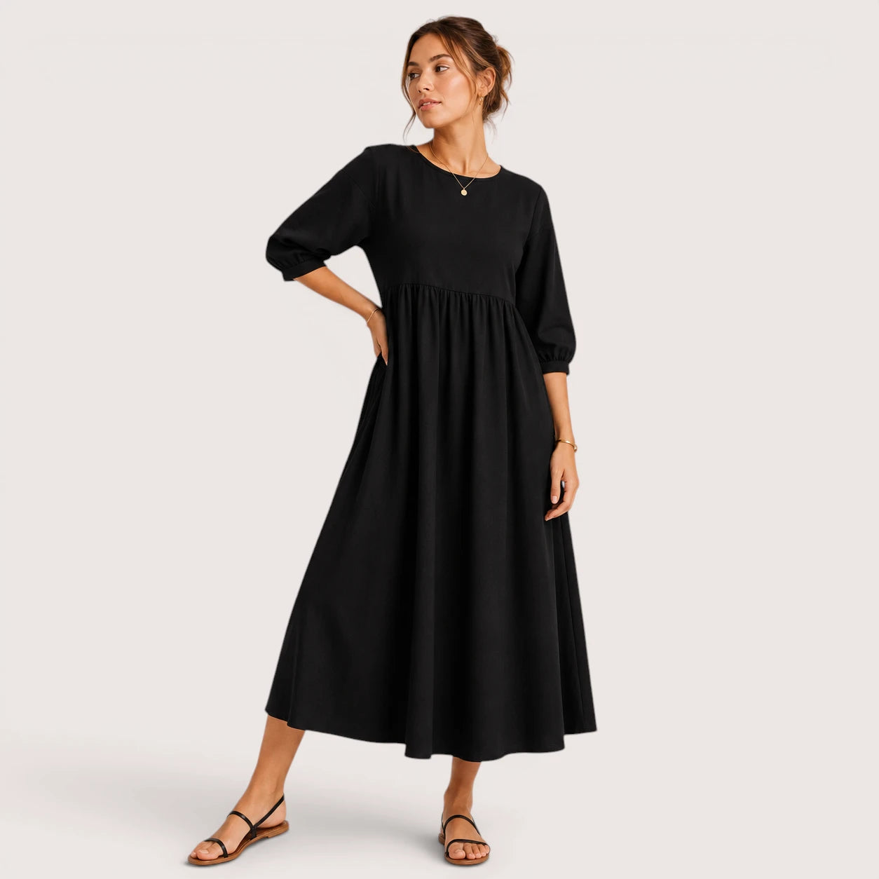 Marina | Damen Midikleid Mit Dreiviertelärmeln Und Seitentaschen