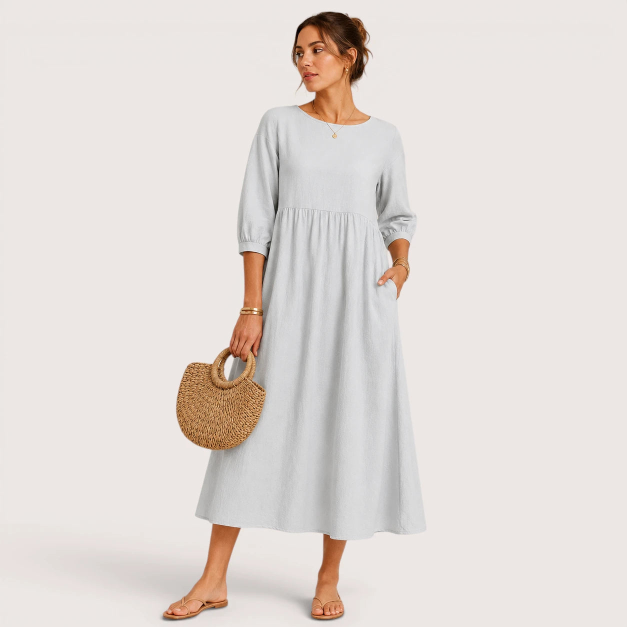 Marina | Damen Midikleid Mit Dreiviertelärmeln Und Seitentaschen