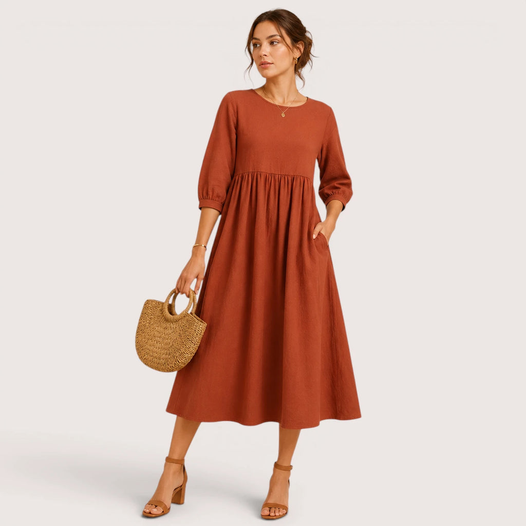 Marina | Damen Midikleid Mit Dreiviertelärmeln Und Seitentaschen