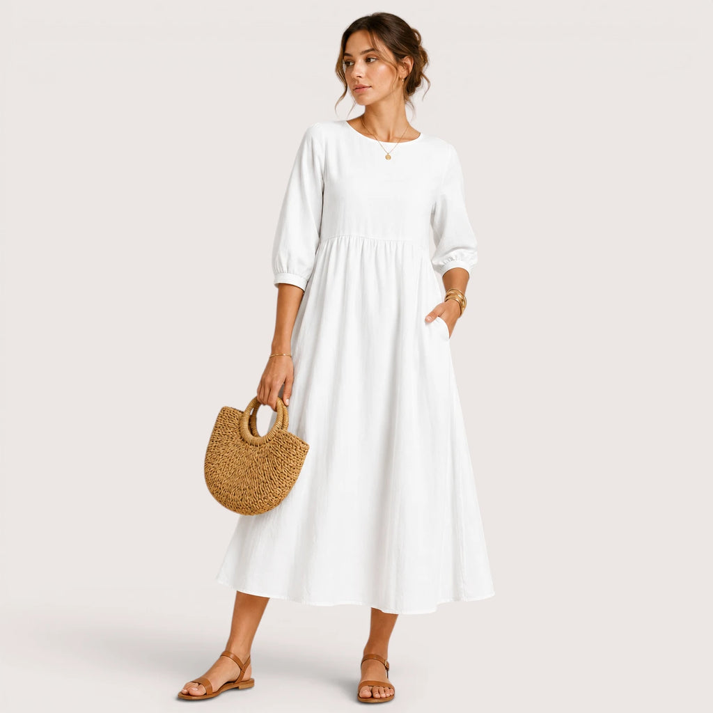 Marina | Damen Midikleid Mit Dreiviertelärmeln Und Seitentaschen