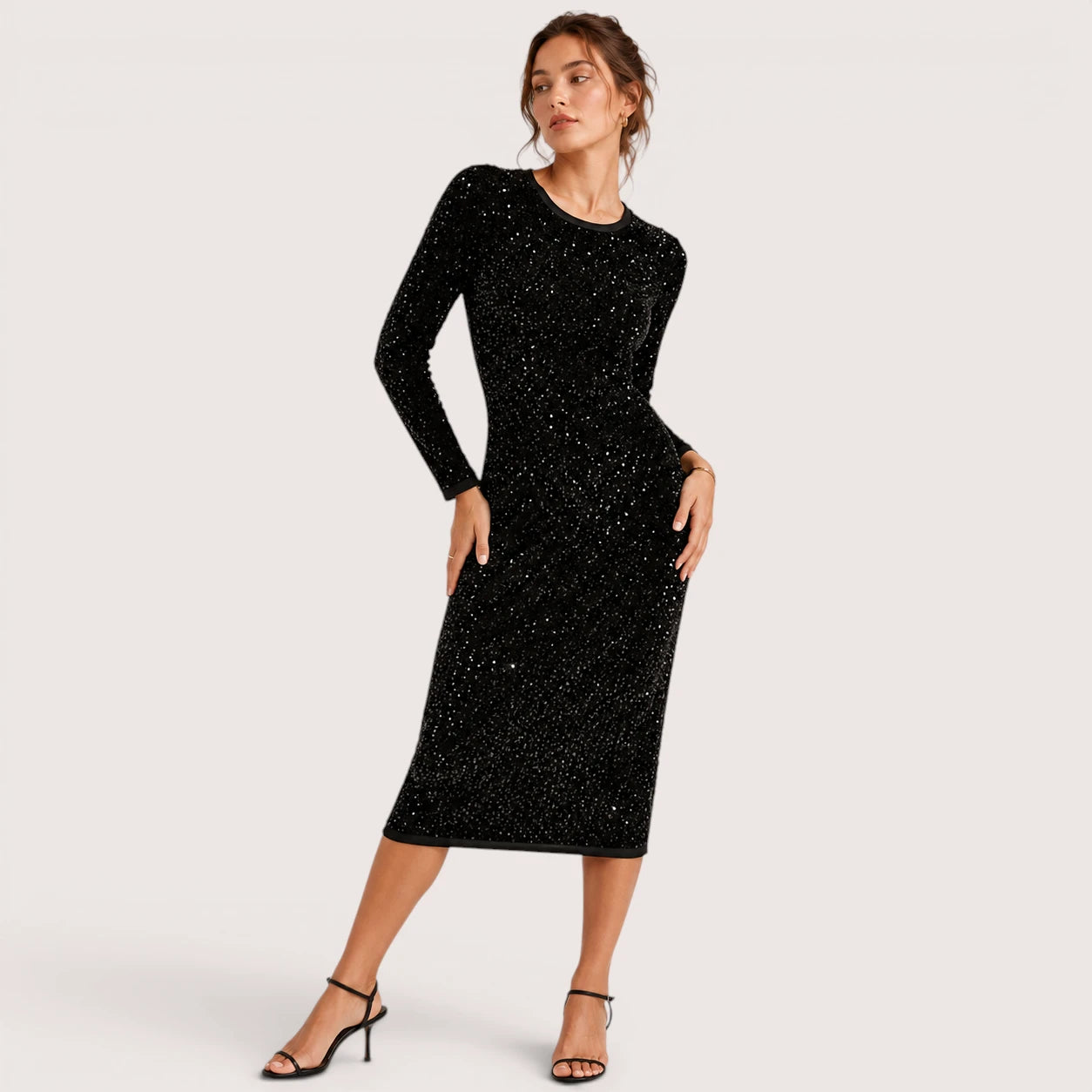 Heidi | Damen Langarm Pailletten Midikleid