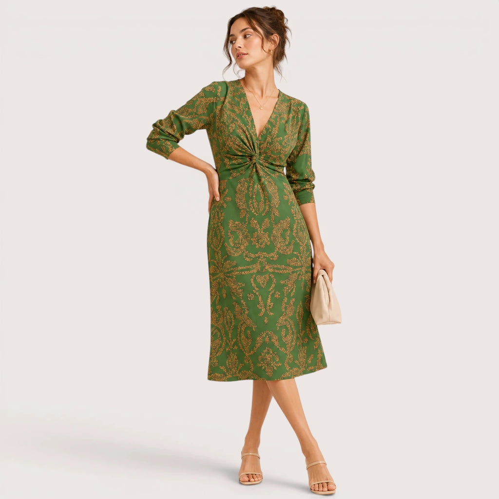 Mallory | Damen V-Ausschnitt Midikleid Mit Print