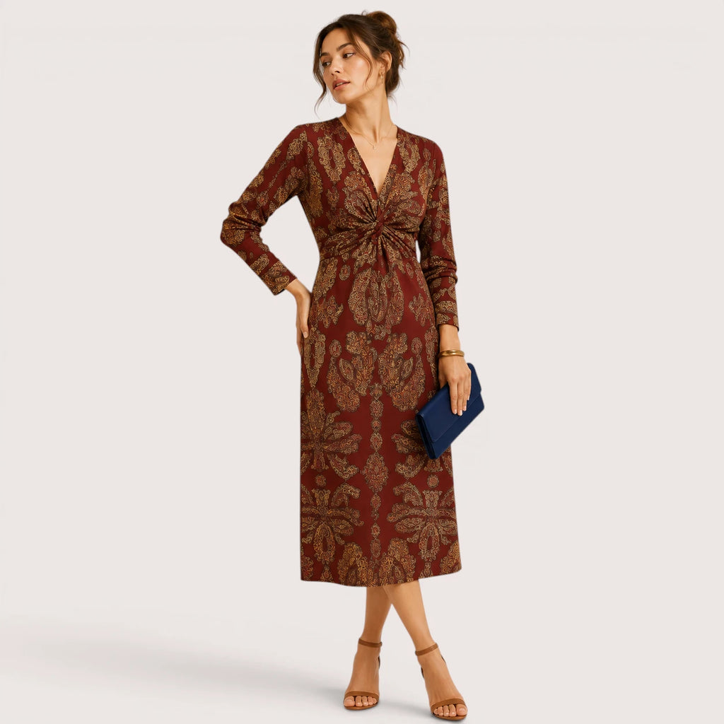 Mallory | Damen V-Ausschnitt Midikleid Mit Print