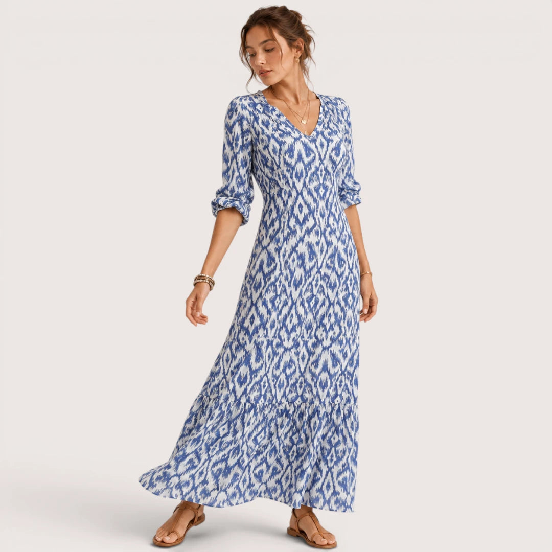 Zara | Damen Langes Kleid Mit V-Ausschnitt Und Geometrischem Print