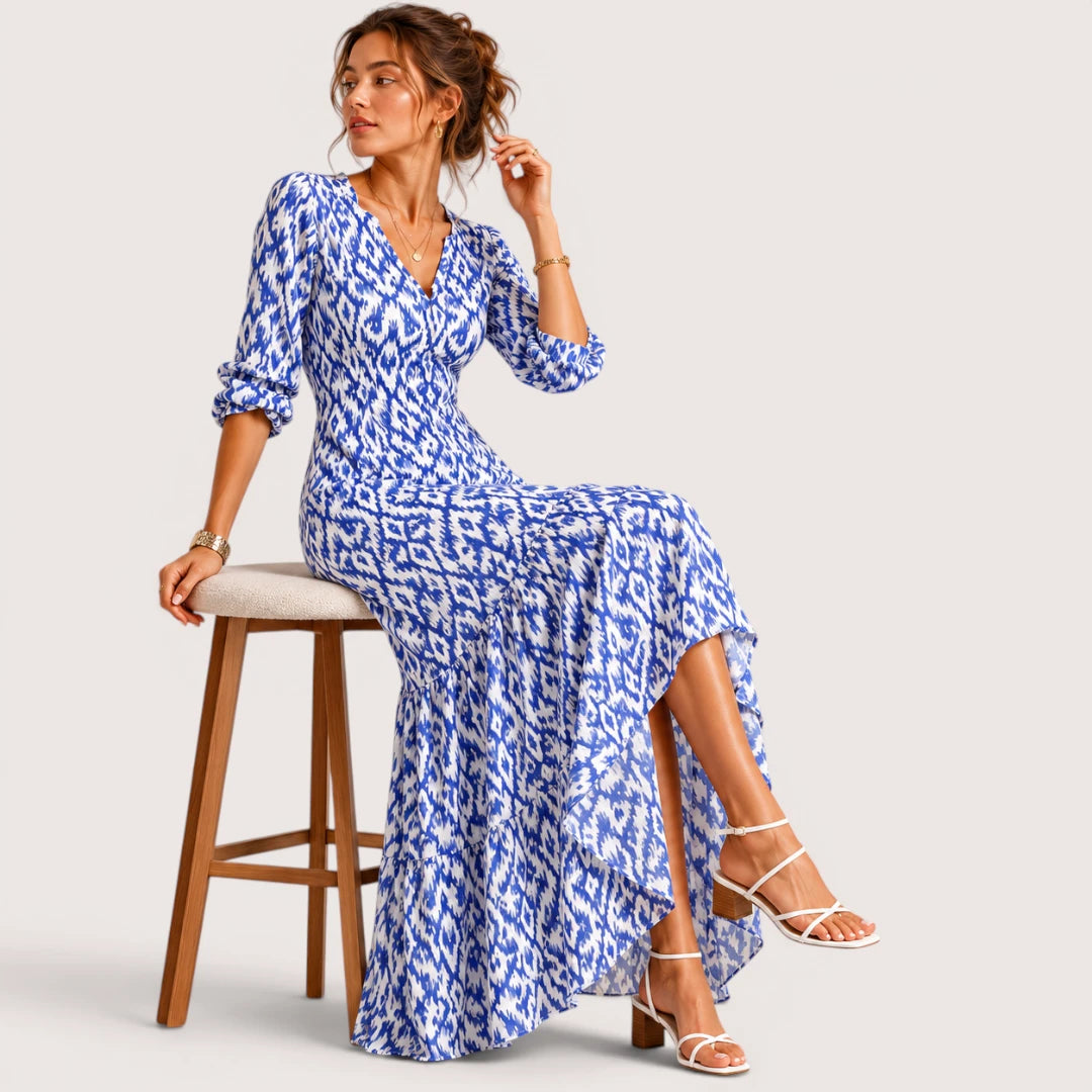 Zara | Damen Langes Kleid Mit V-Ausschnitt Und Geometrischem Print