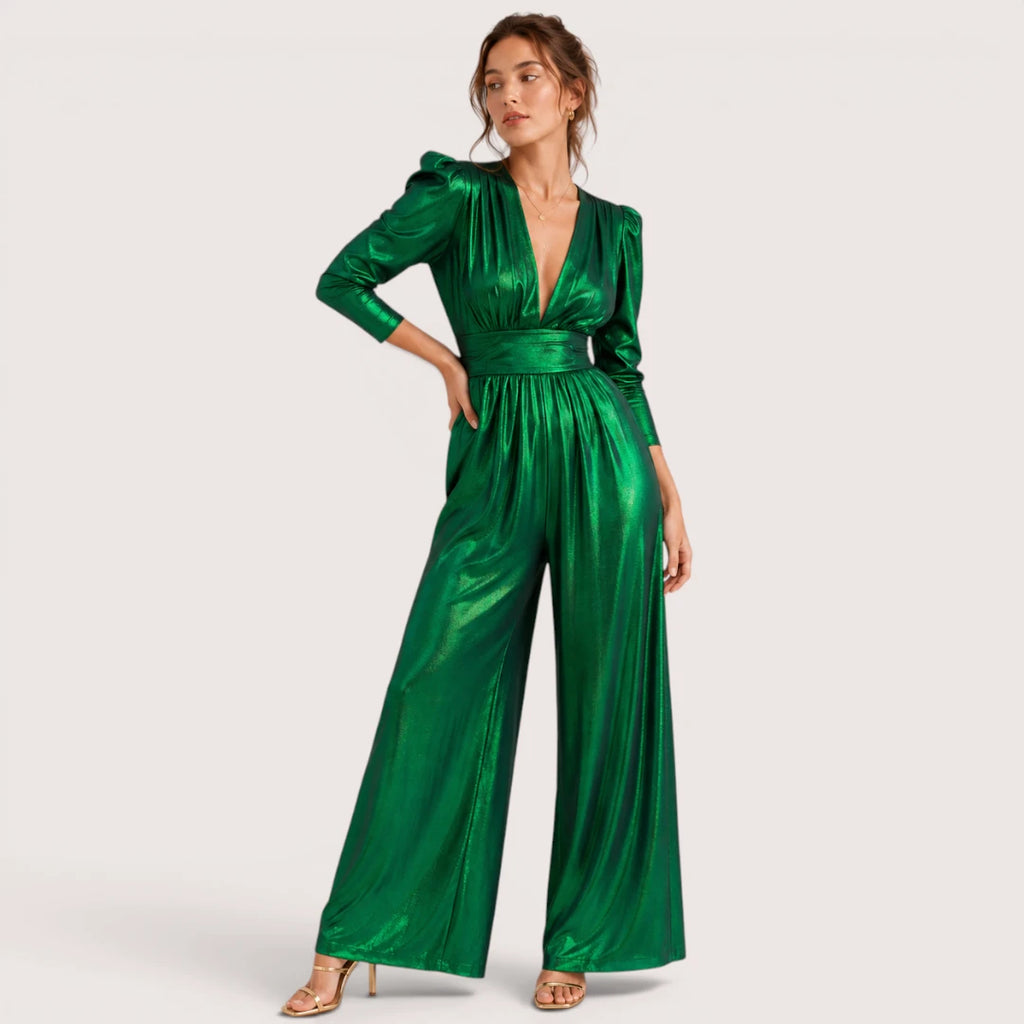 Corinne | Damen Glänzender V-Ausschnitt Jumpsuit Mit Dreiviertelärmeln