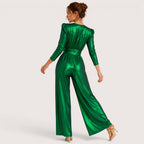 Corinne | Damen Glänzender V-Ausschnitt Jumpsuit Mit Dreiviertelärmeln