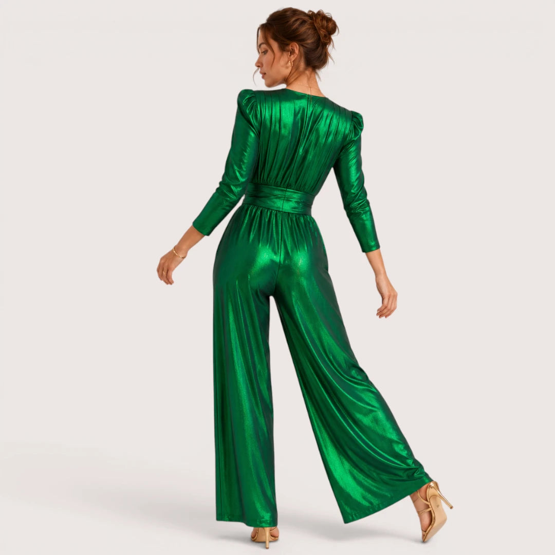 Corinne | Damen Glänzender V-Ausschnitt Jumpsuit Mit Dreiviertelärmeln