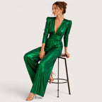 Corinne | Damen Glänzender V-Ausschnitt Jumpsuit Mit Dreiviertelärmeln
