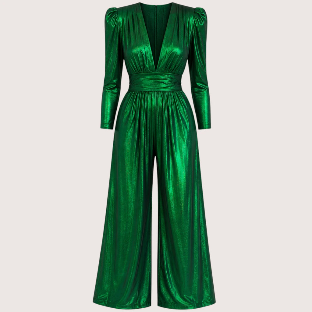 Corinne | Damen Glänzender V-Ausschnitt Jumpsuit Mit Dreiviertelärmeln