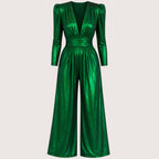 Corinne | Damen Glänzender V-Ausschnitt Jumpsuit Mit Dreiviertelärmeln