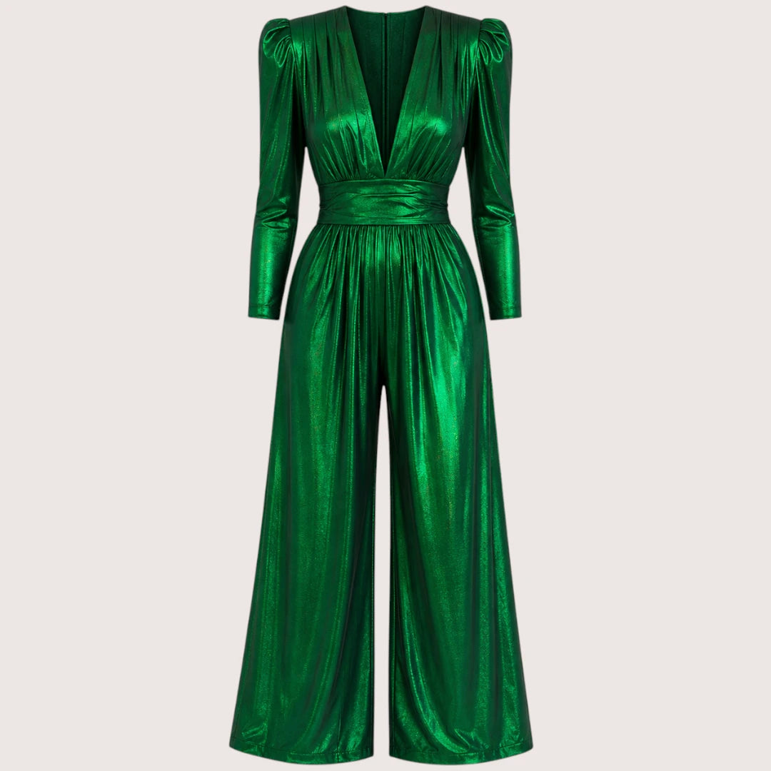 Corinne | Damen Glänzender V-Ausschnitt Jumpsuit Mit Dreiviertelärmeln